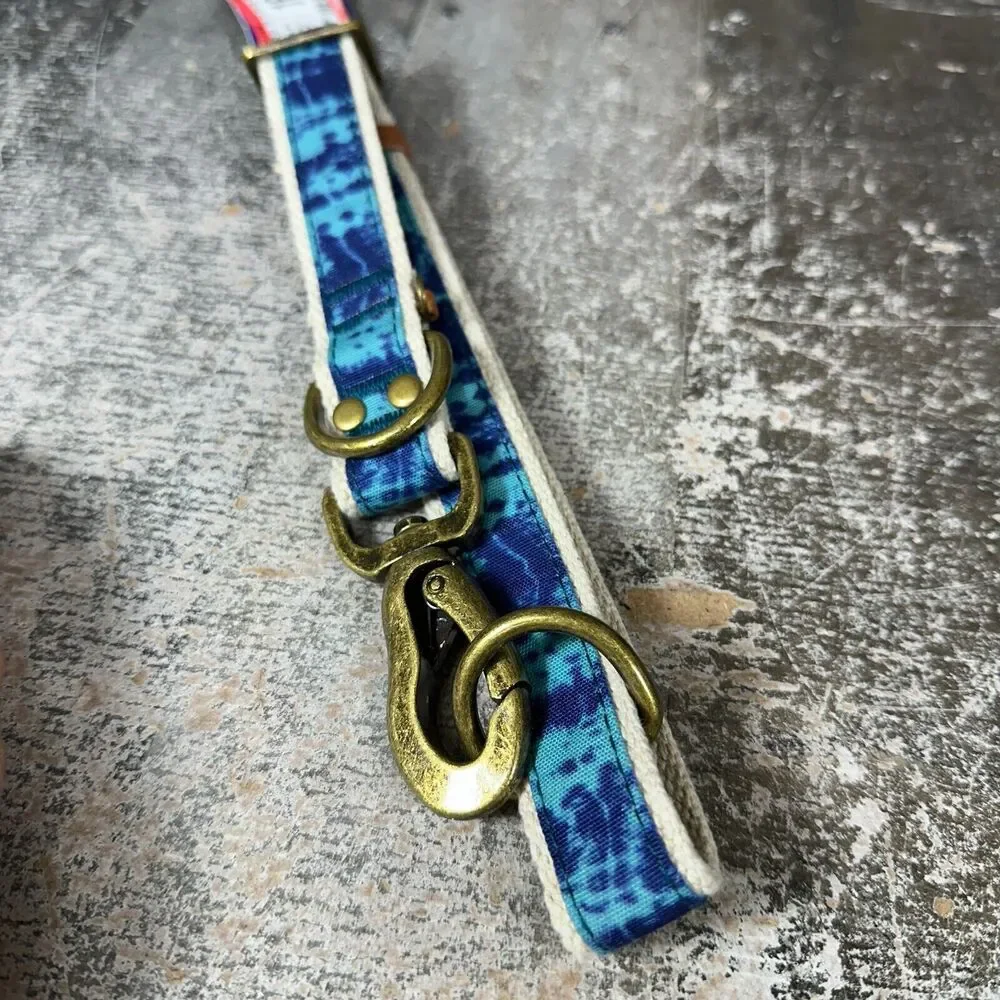 Blue Tie Dye Marble Dog Collar Boho Ethnic Bronze Tone‎ Buckle Large 18in-26in